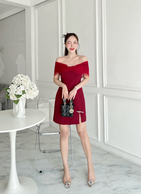 SIRINNN Mesh Off Shoulder Side Slit Mini Dresses